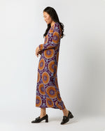 Load image into Gallery viewer, Long Sleeve Swing Dress in Purple Sovereign Stretch Satin
