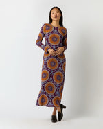 Load image into Gallery viewer, Long Sleeve Swing Dress in Purple Sovereign Stretch Satin
