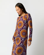 Load image into Gallery viewer, Long Sleeve Swing Dress in Purple Sovereign Stretch Satin
