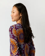 Load image into Gallery viewer, Long Sleeve Swing Dress in Purple Sovereign Stretch Satin
