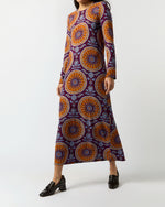 Load image into Gallery viewer, Long Sleeve Swing Dress in Purple Sovereign Stretch Satin
