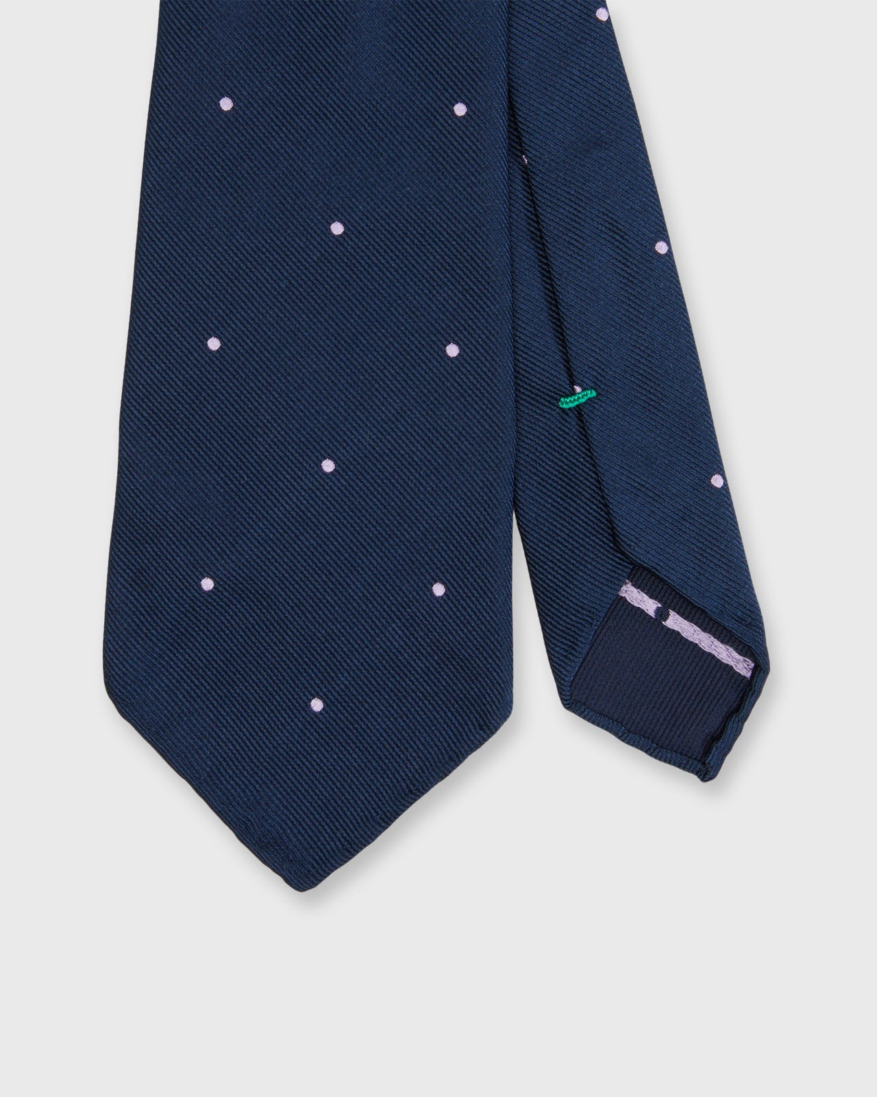 Hand-Rolled Silk Woven Tie in Navy/Lilac Dot