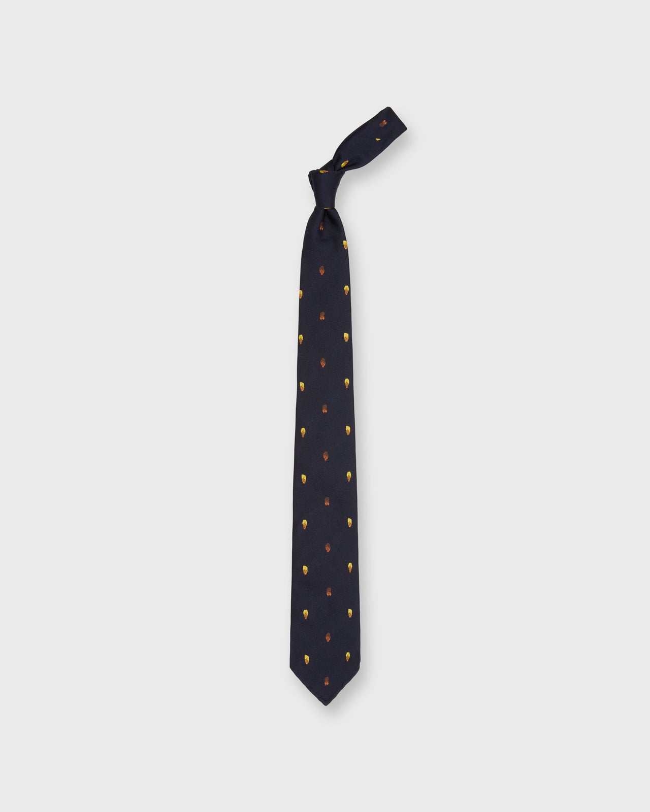 Hand-Rolled Silk Club Tie in Navy/Gold Maple Seed