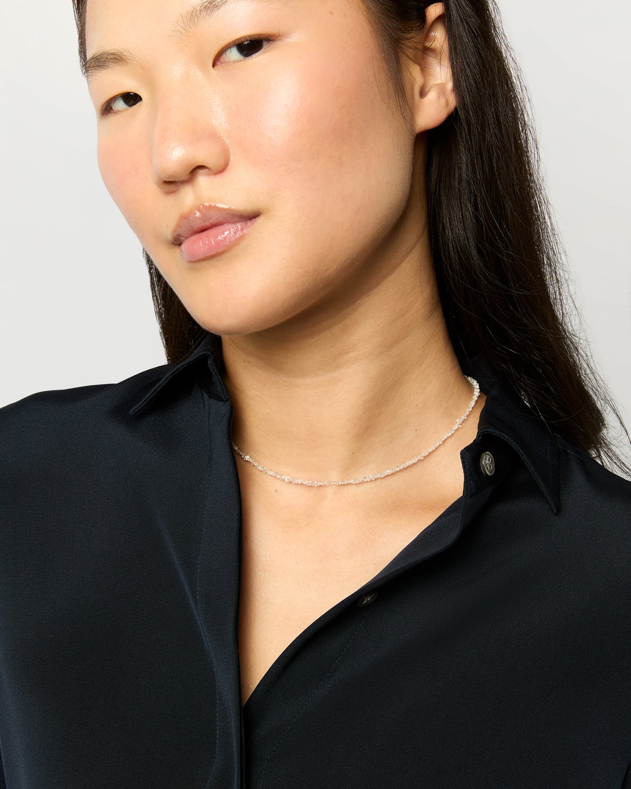 Tiny Beaded 14K Gold Necklace in Herkimer Diamond Quartz