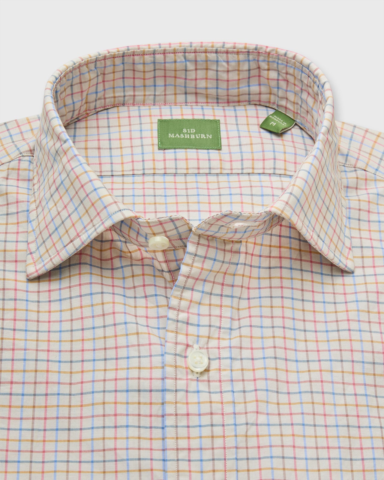 Spread Collar Sport Shirt in Bone/Sky/Berry Tattersall Poplin