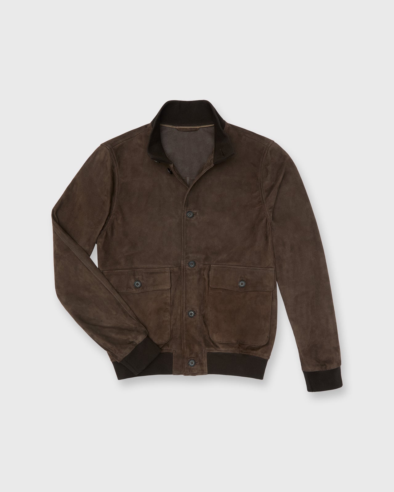 Button-Front Bomber Jacket in Brown Suede