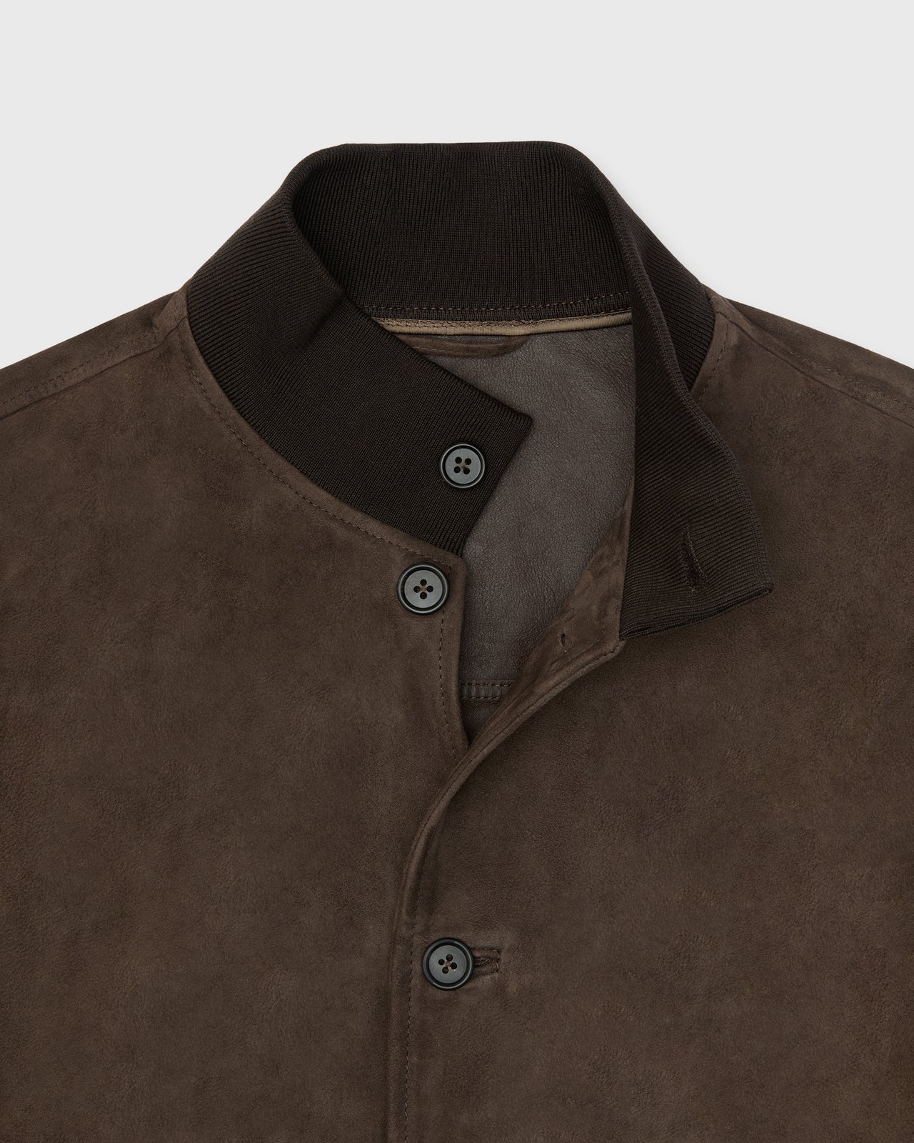 Button-Front Bomber Jacket in Brown Suede