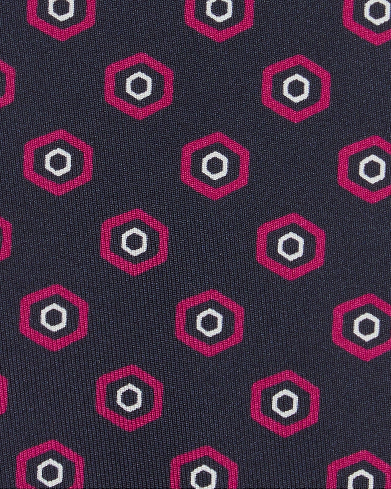 Linen Print Tie in Navy/Berry Geo
