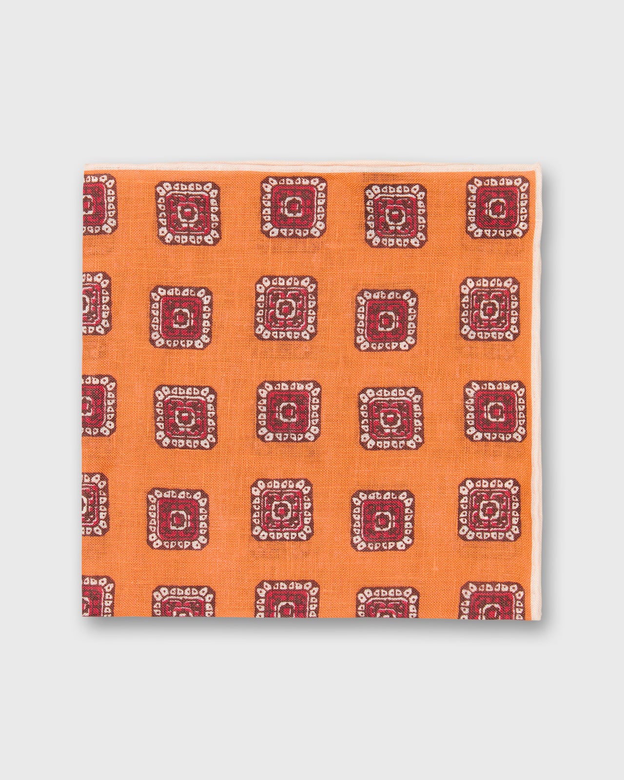 Linen Pocket Square in Orange/Red Medallion
