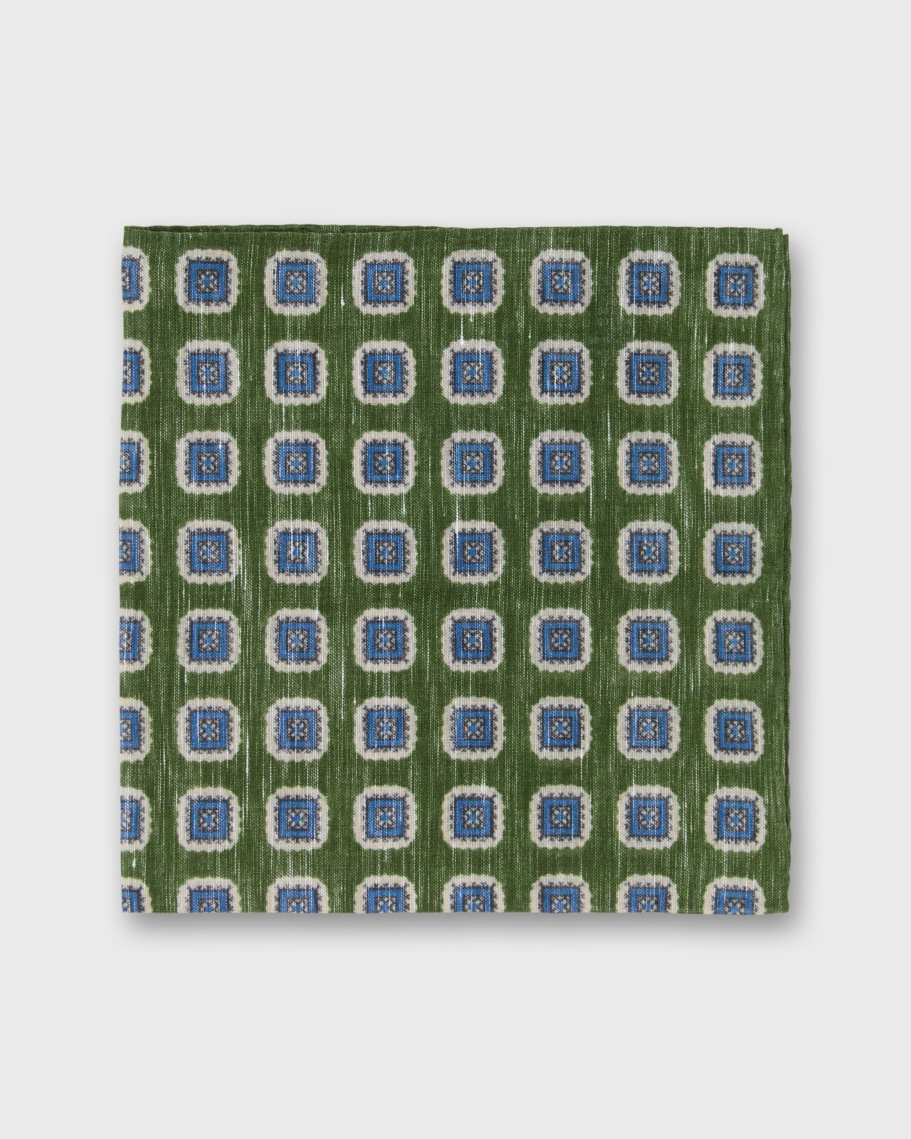Hand-Rolled Cotolino Pocket Square in Sea Moss/Navy/Cream Medallion