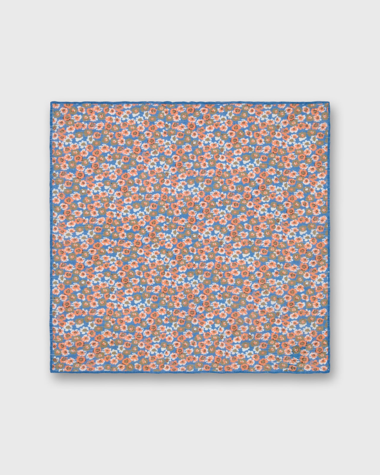 Hand-Rolled Linen/Cotton Pocket Square in Orange/Blue/Olive Flora