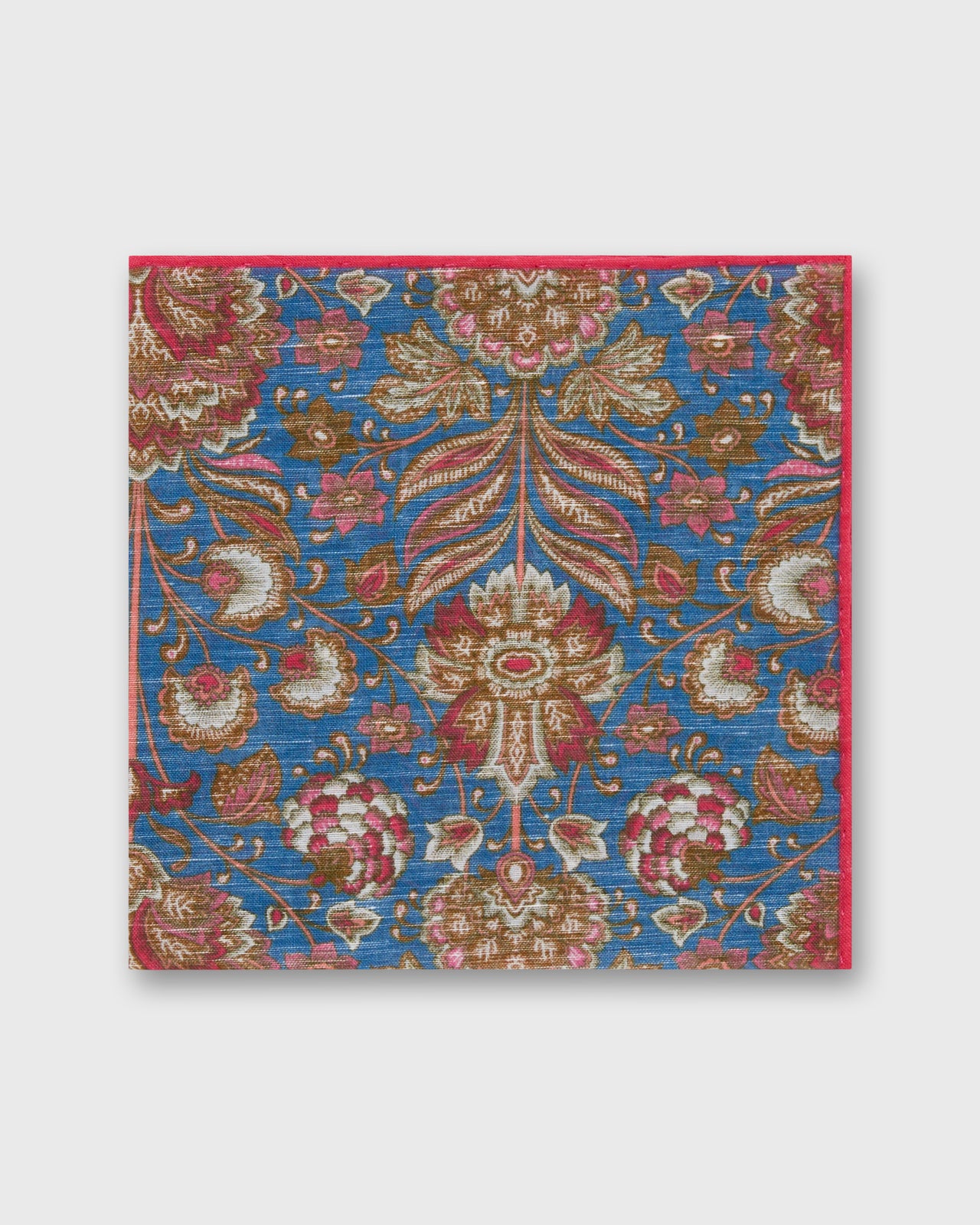 Hand-Rolled Linen/Cotton Pocket Square in Blue/Brown Multi Paisley Scene