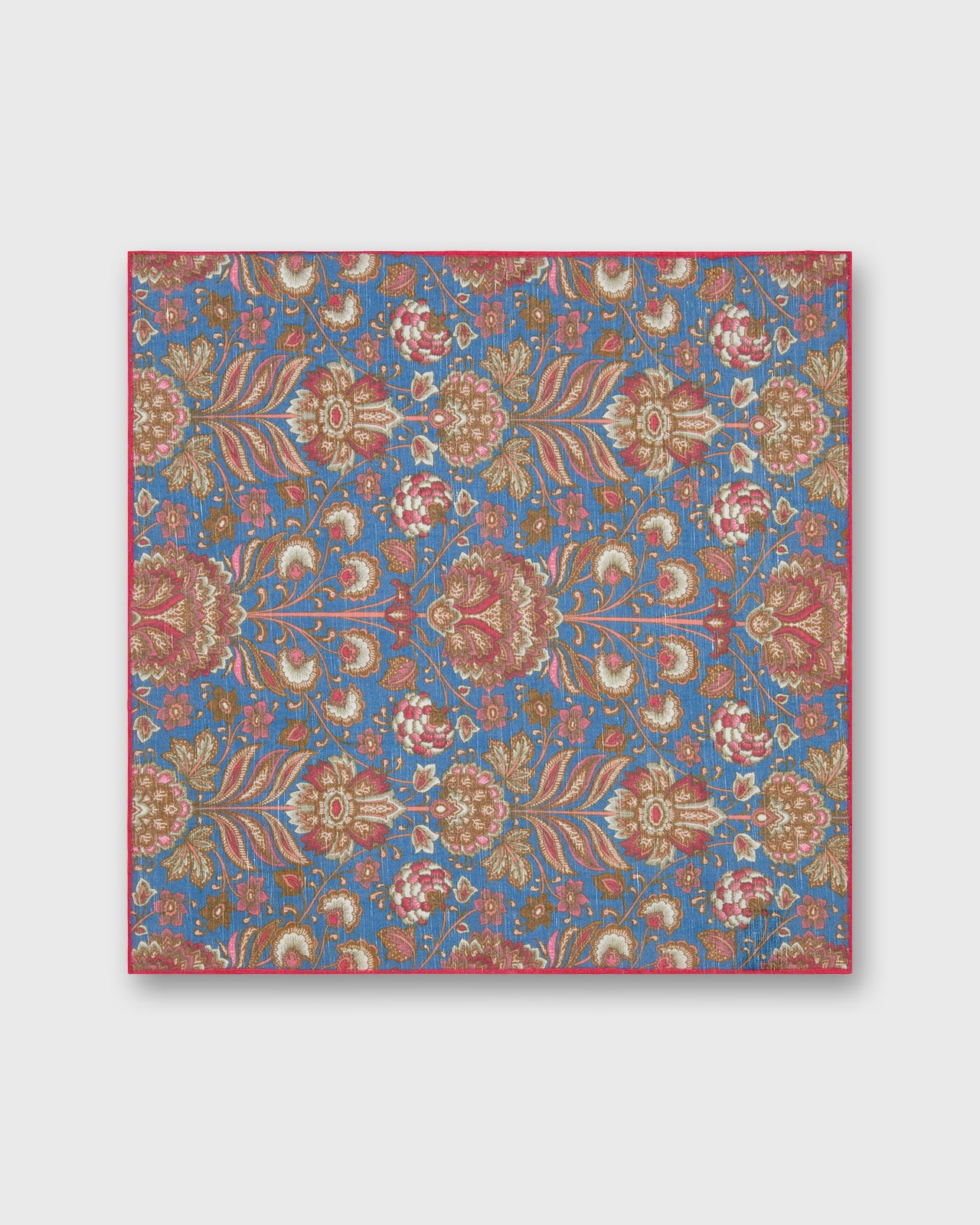 Hand-Rolled Linen/Cotton Pocket Square in Blue/Brown Multi Paisley Scene