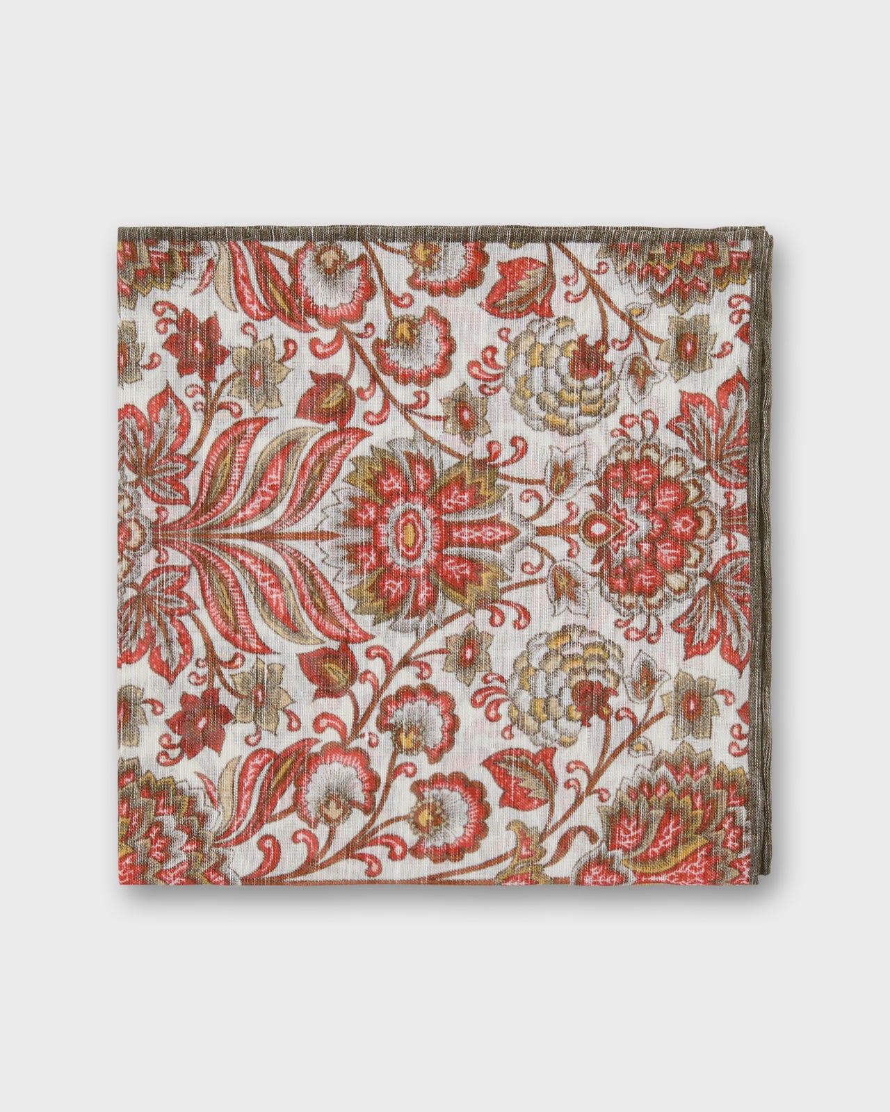Hand-Rolled Linen/Cotton Pocket Square in Red/Bone Paisley Scene