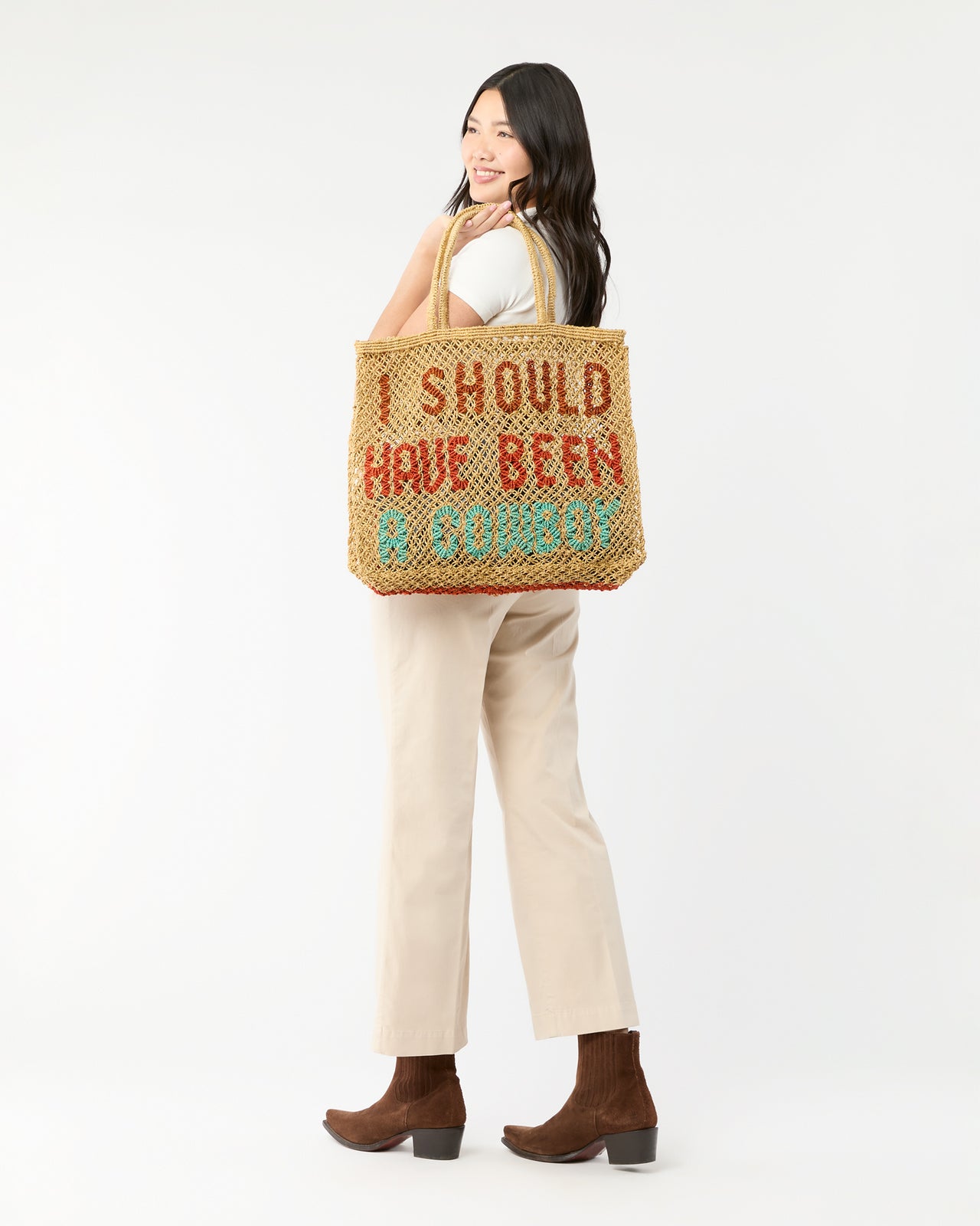 Large I Should Have Been A Cowboy Tote in Mustard/Brown/Spice/Aqua