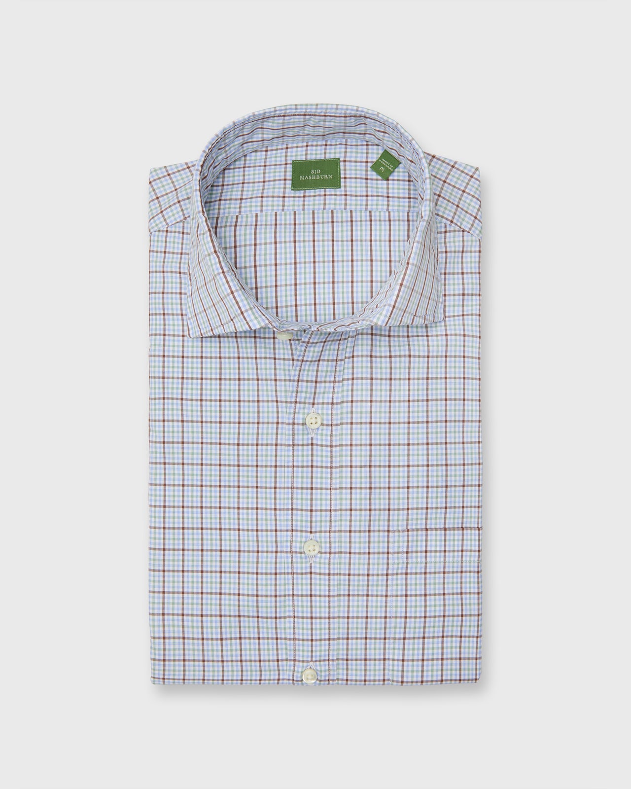 Spread Collar Sport Shirt in Sky/Spruce/Brown Tattersall Poplin