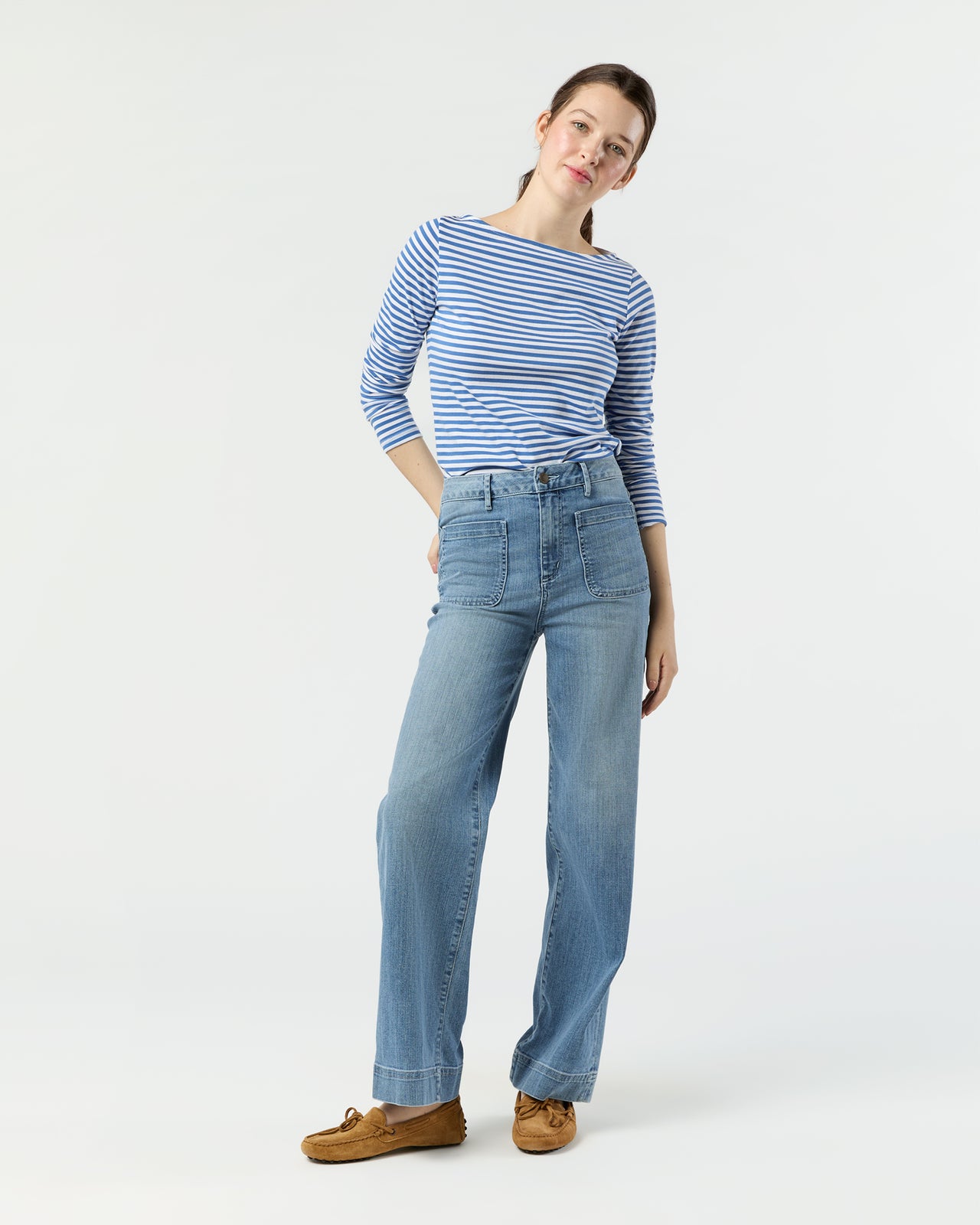 Long-Sleeved Boatneck Tee in Blue/White Stripe Pima Cotton
