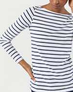 Load image into Gallery viewer, Long-Sleeved Boatneck Tee in White/Navy Stripe Pima Cotton

