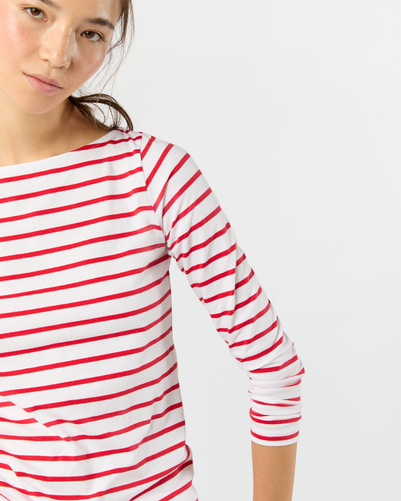 Long-Sleeved Boatneck Tee in White/Red Stripe Pima Cotton