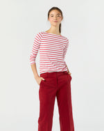 Load image into Gallery viewer, Long-Sleeved Boatneck Tee in White/Red Stripe Pima Cotton
