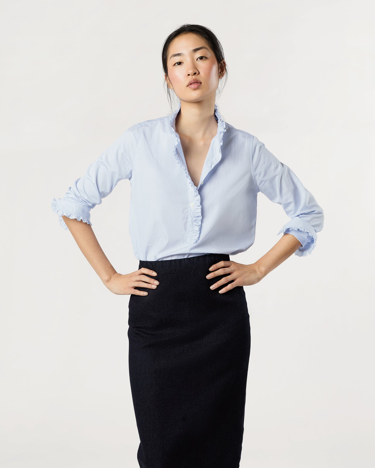 Frill Shirt in Sky Pencil Stripe Poplin