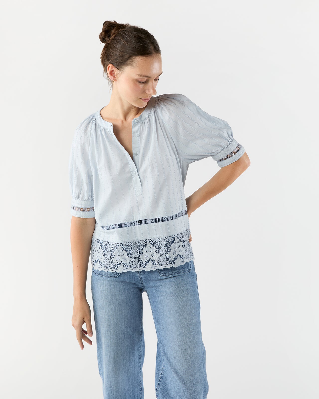 Faye Puff Sleeve Blouse in Celeste