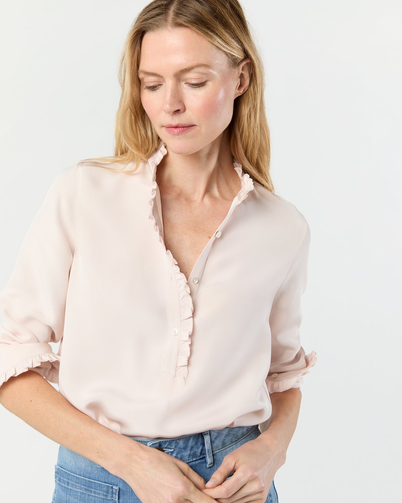 Frill Blouse in Pale Pink Silk Crepe de Chine