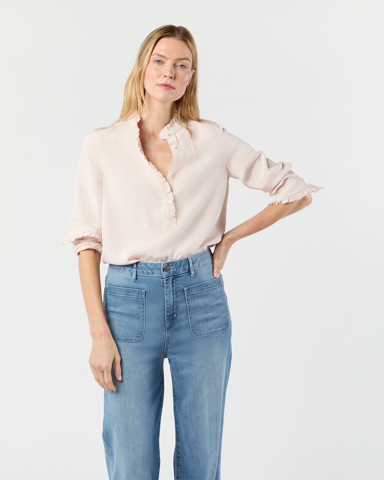 Frill Blouse in Pale Pink Silk Crepe de Chine
