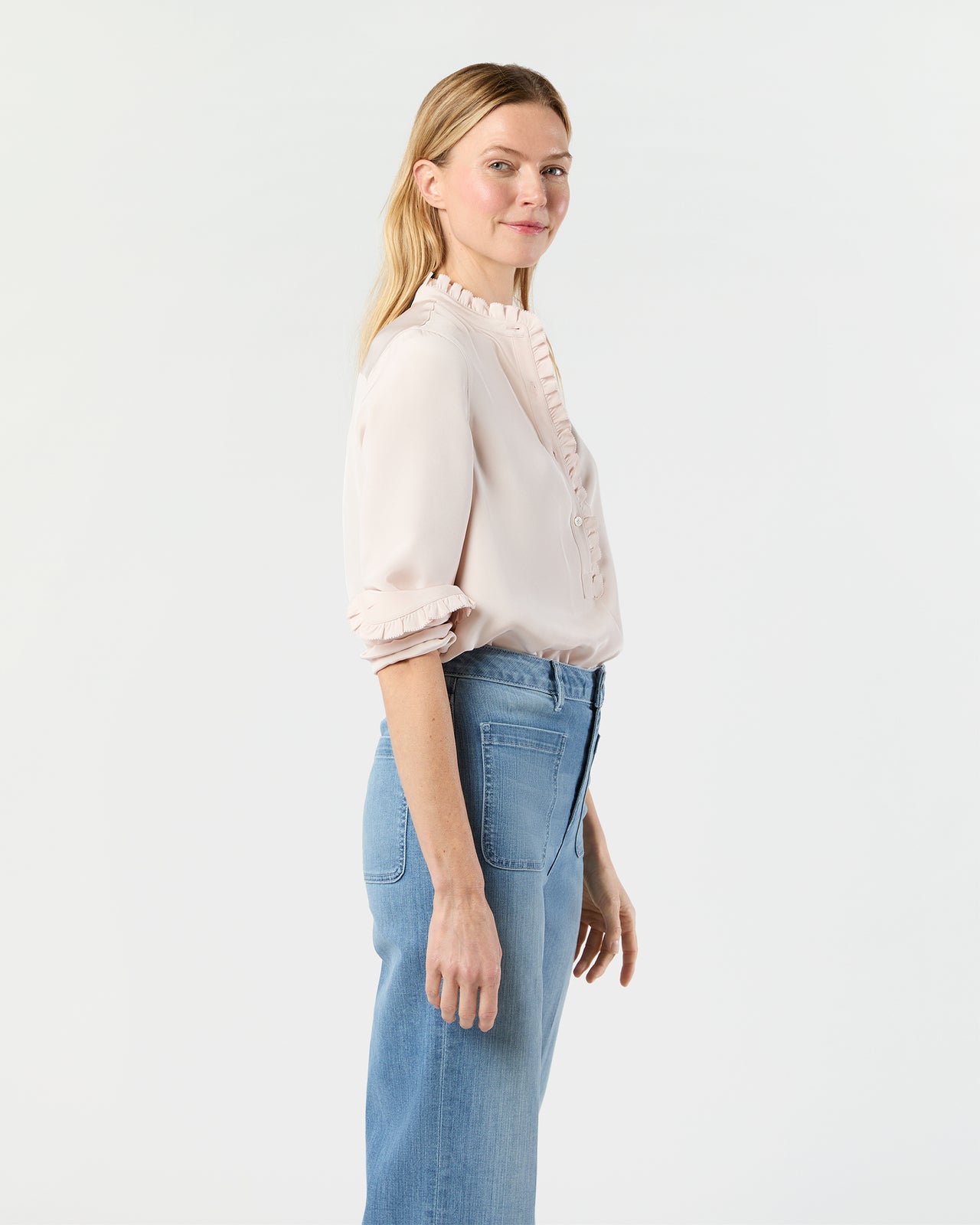 Frill Blouse in Pale Pink Silk Crepe de Chine