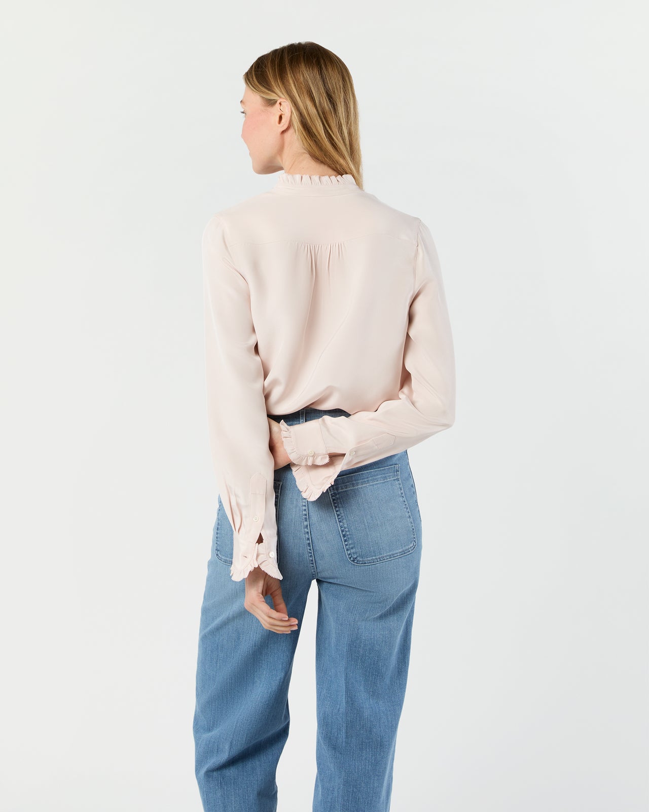 Frill Blouse in Pale Pink Silk Crepe de Chine
