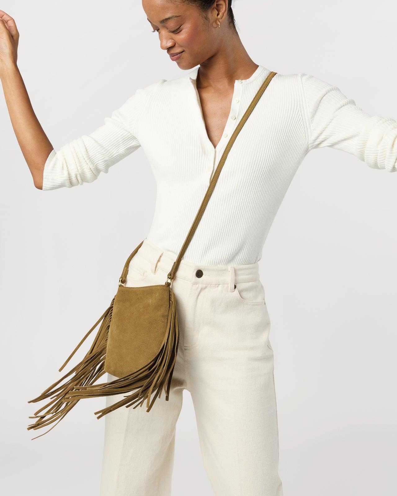 Fringed Polly Crossbody Bag in Tobacco Suede