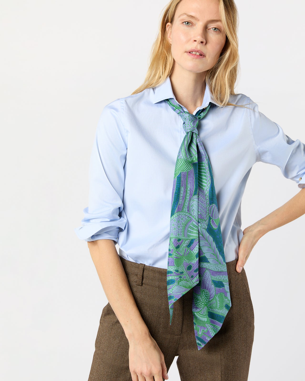 Silk Tied Up Scarf in Purple/Green Butterfly Block Print Silk Twill