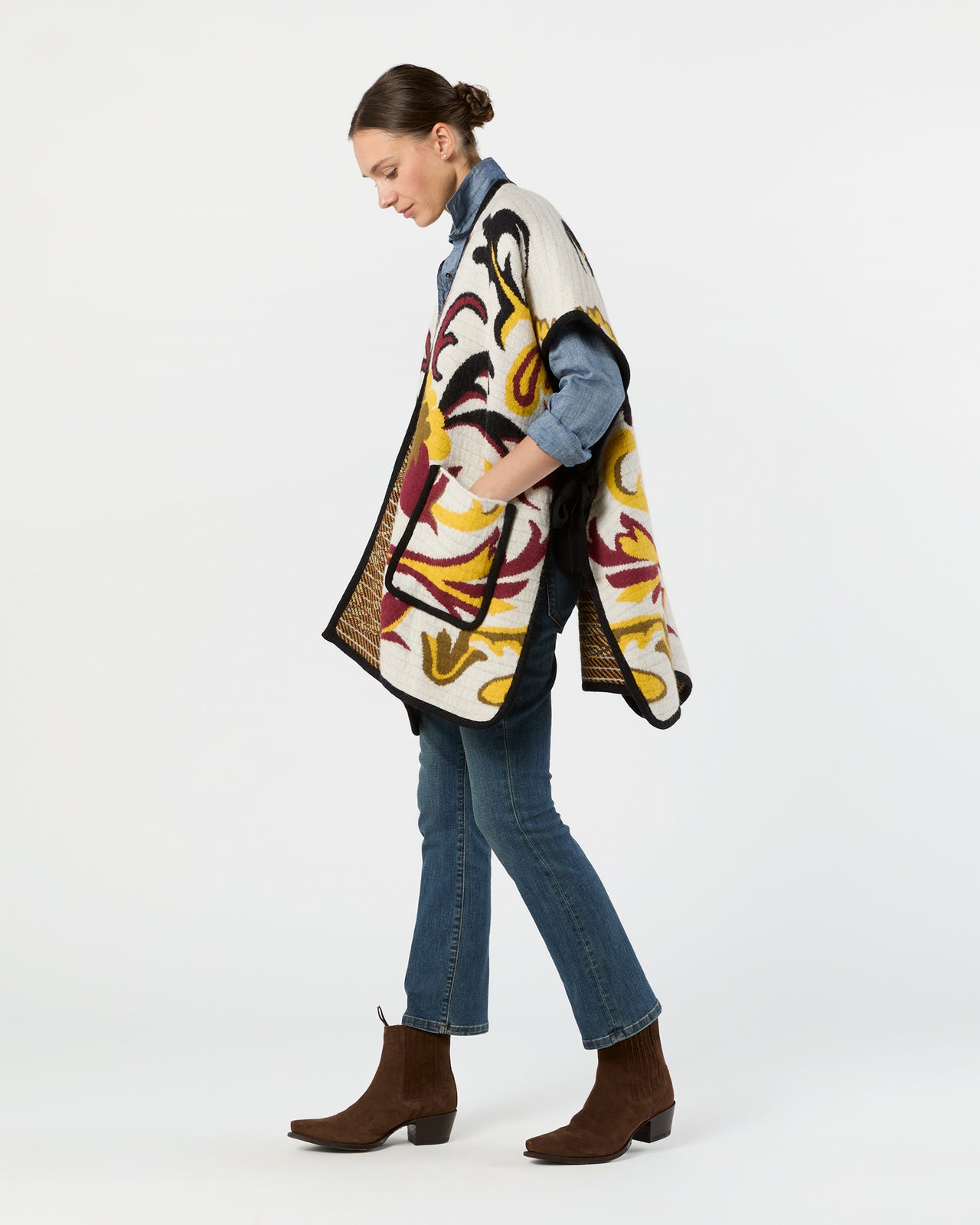 In My Power Knit Scarf Cape in Ecru/Green/Black Wool Blend