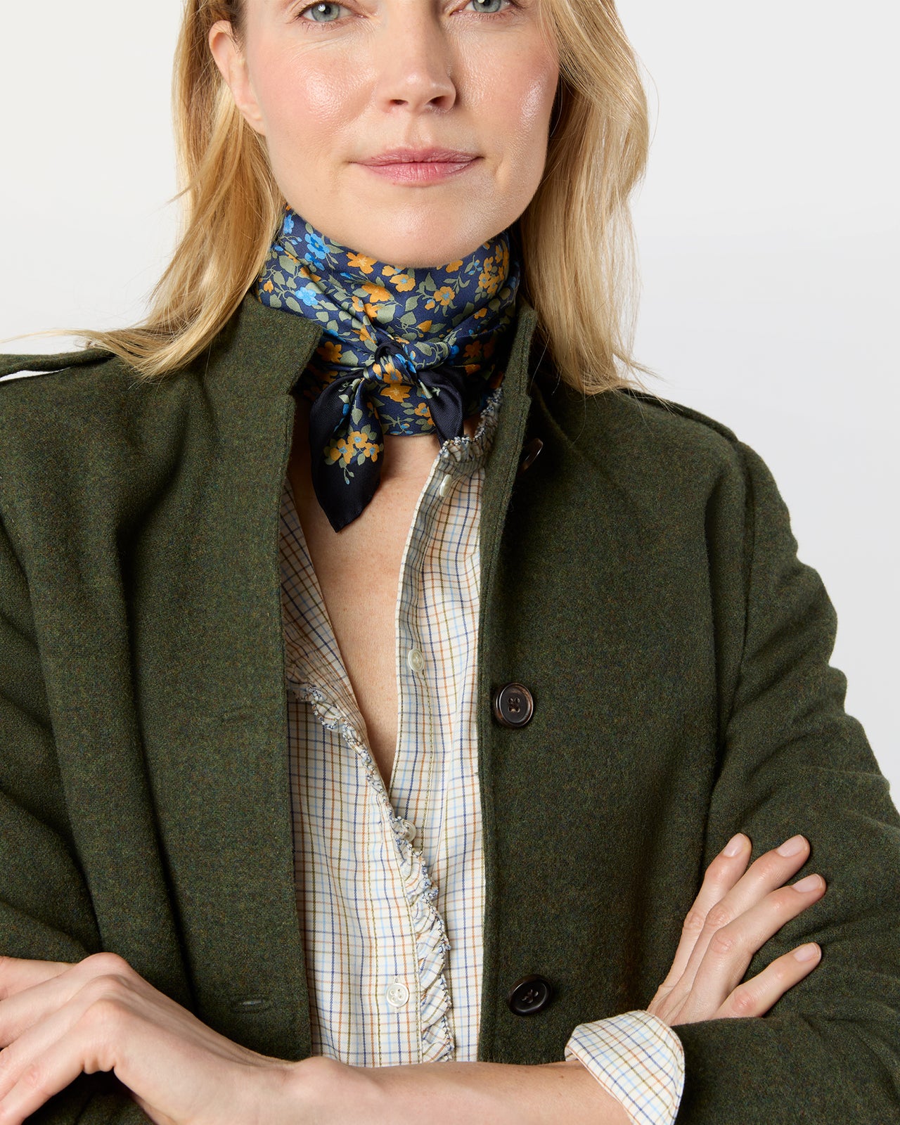 Medium Hand-Rolled Silk Scarf in Navy/Marigold/Sage Floral