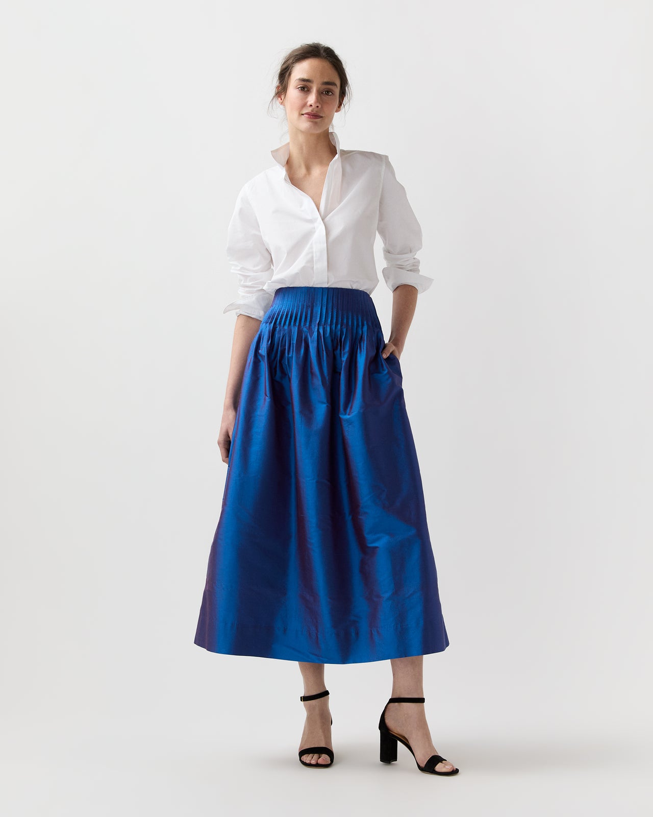 Adah Pintuck Skirt in Wave Iridescent Silk Shantung