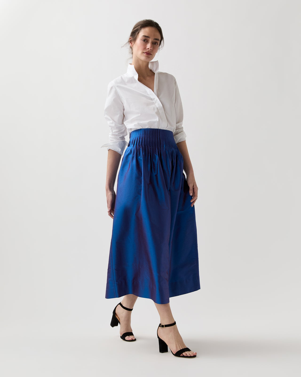 Adah Pintuck Skirt in Wave Iridescent Silk Shantung
