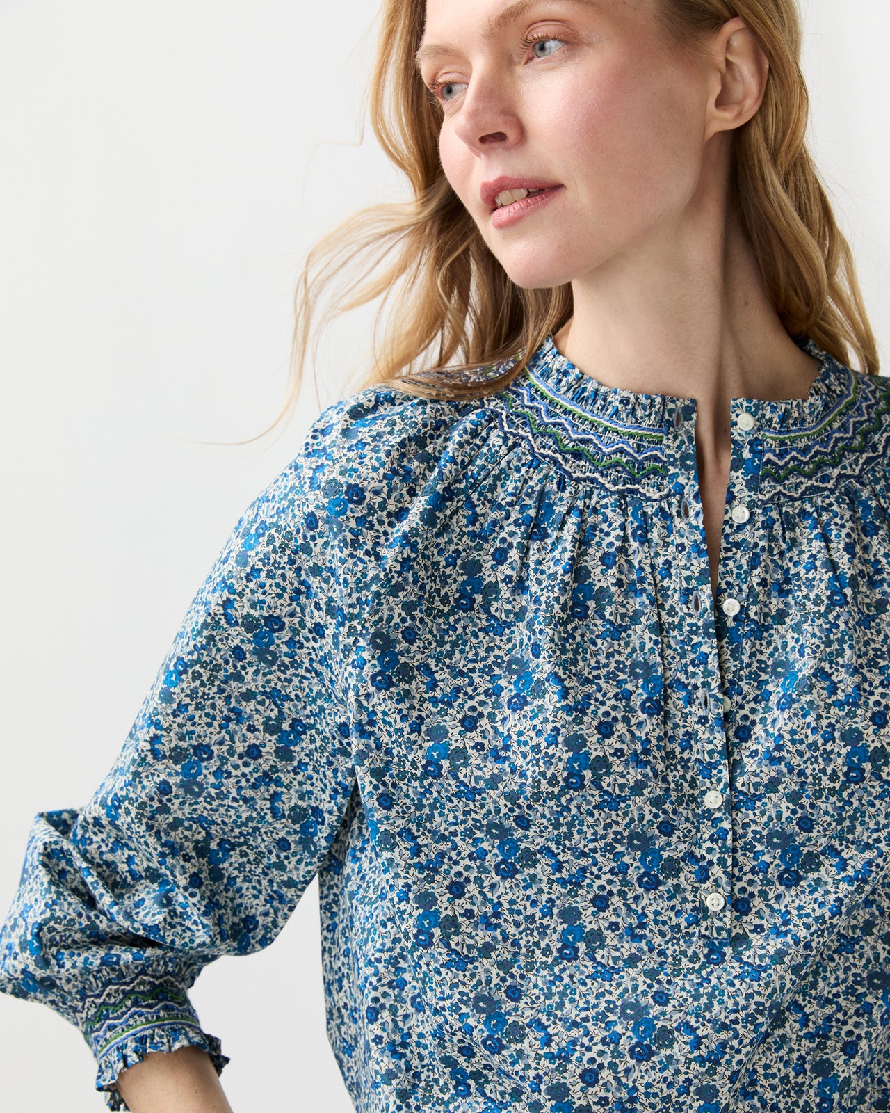Christine Smocking Top in Blue Emma & Georgina Liberty Fabric
