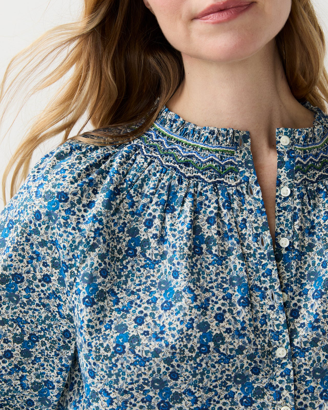Christine Smocking Top in Blue Emma & Georgina Liberty Fabric