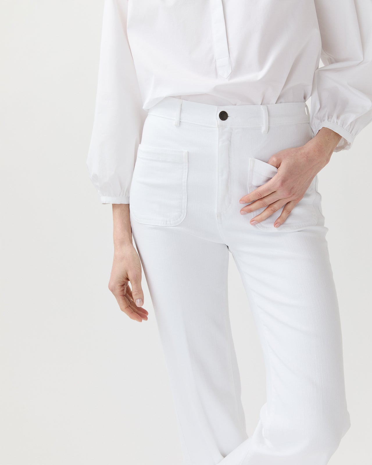 Camille Patch-Pocket Jean in White Stretch Denim