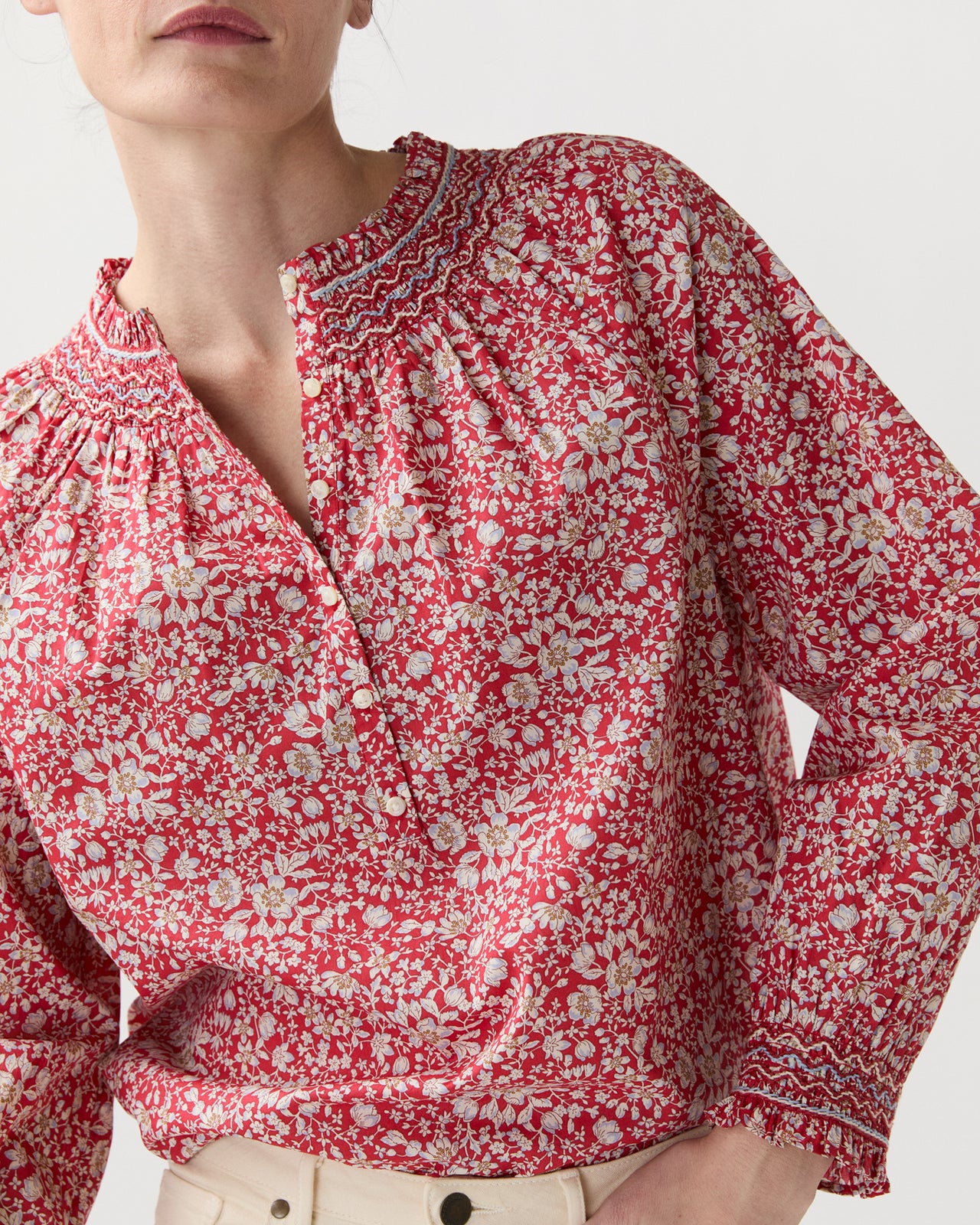 Christine Smocking Top in Red Lizzy Liberty Fabric