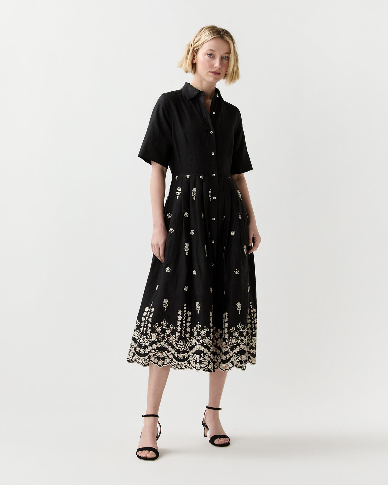 Short-Sleeved Classic Shirtwaist Dress in Black/Ivory Embroidered Eyelet Chambray