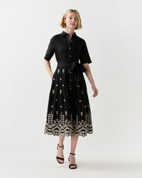 Short-Sleeved Classic Shirtwaist Dress in Black/Ivory Embroidered Eyelet Chambray