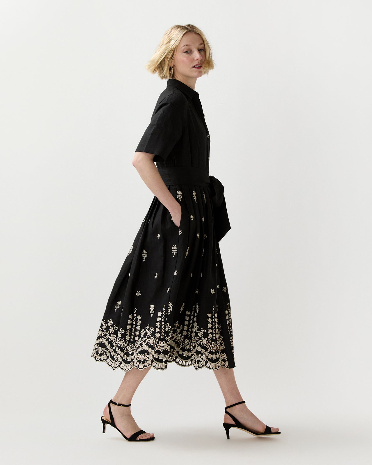 Short-Sleeved Classic Shirtwaist Dress in Black/Ivory Embroidered Eyelet Chambray