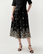 Load image into Gallery viewer, Short-Sleeved Classic Shirtwaist Dress in Black/Ivory Embroidered Eyelet Chambray
