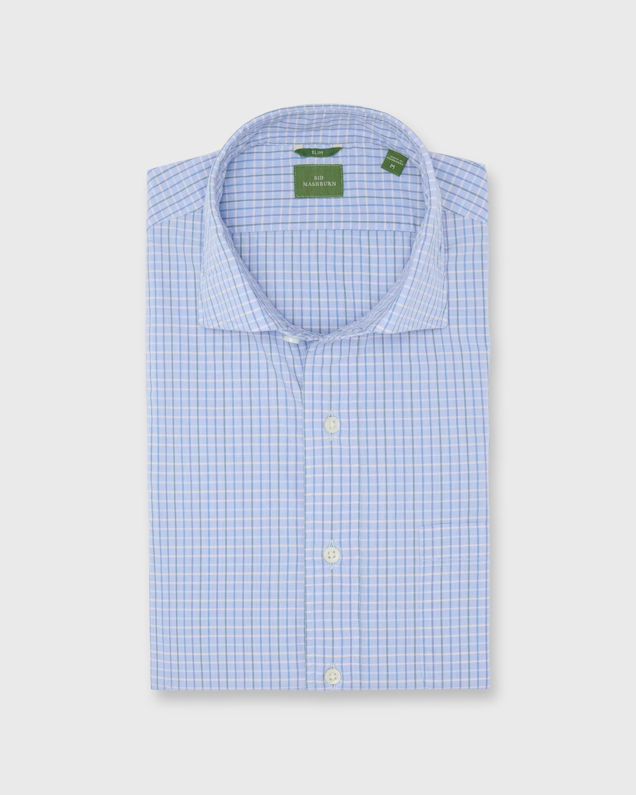 Slim-Fit Spread Collar Sport Shirt in Heather Sky/Green/Blue Multi Tattersall Poplin