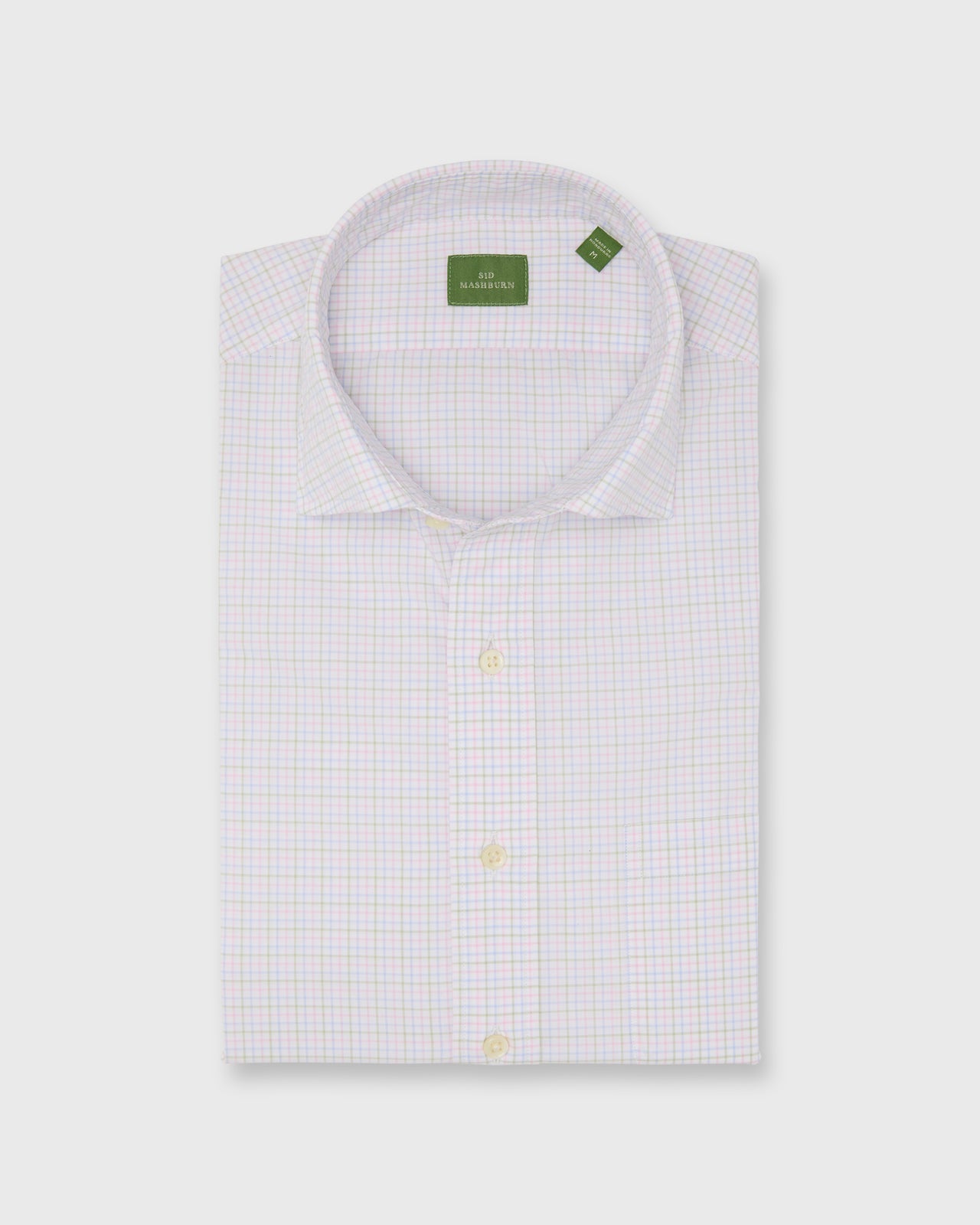 Spread Collar Sport Shirt in Pink/Sky/Green Tattersall Poplin