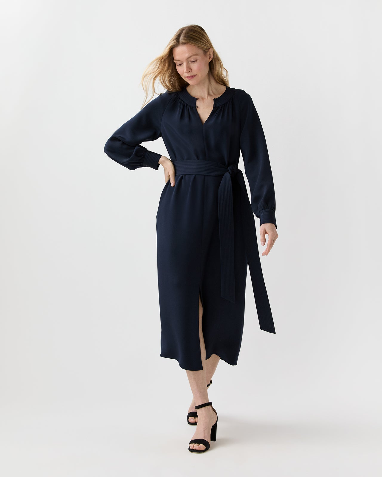 Trapunto Neck Dress in Navy Silk Crepe De Chine