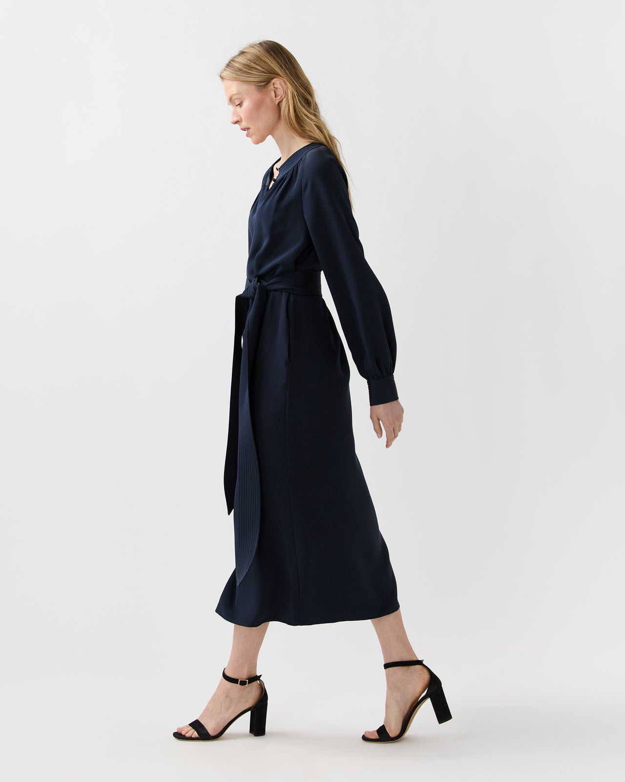 Trapunto Neck Dress in Navy Silk Crepe De Chine