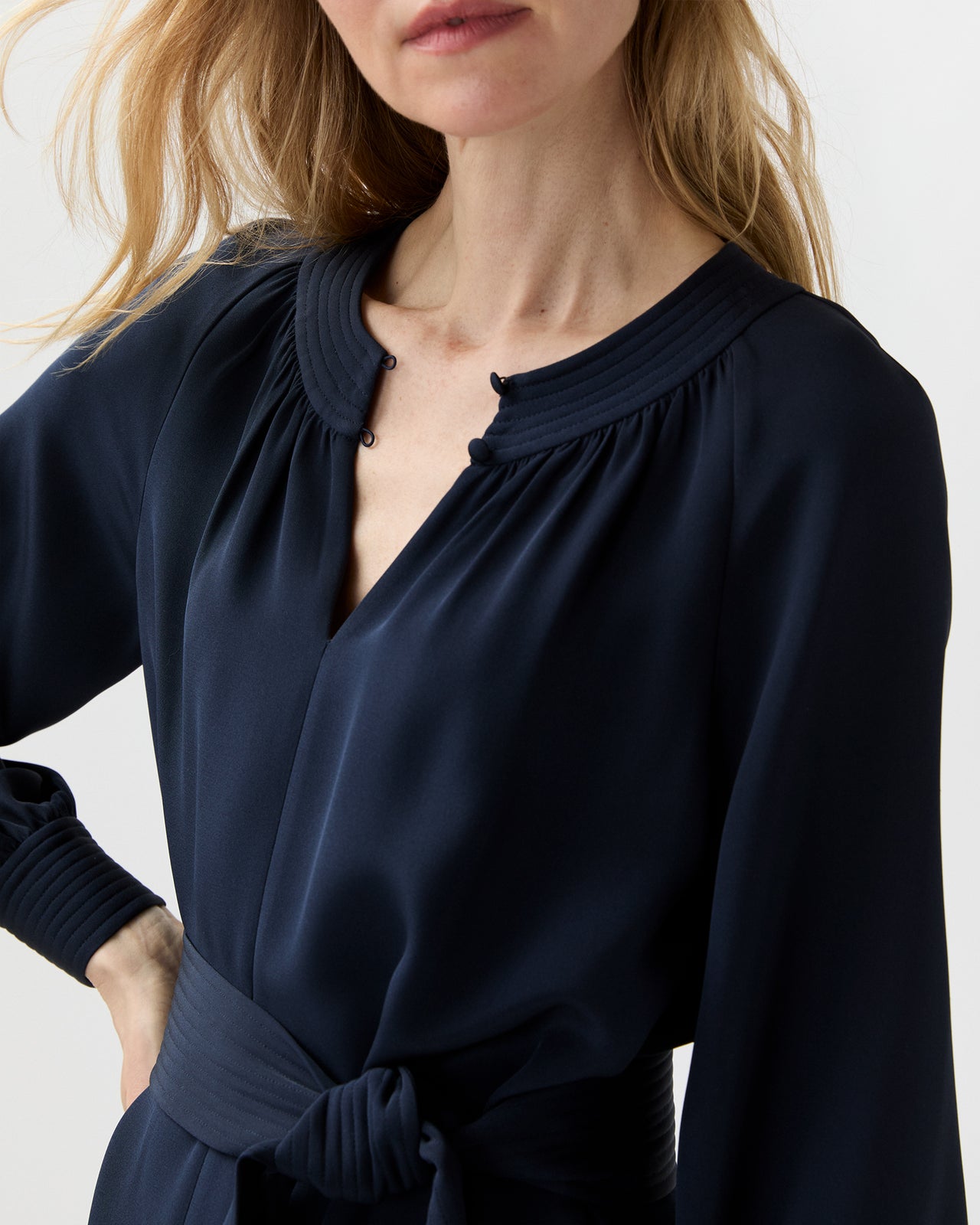 Trapunto Neck Dress in Navy Silk Crepe De Chine