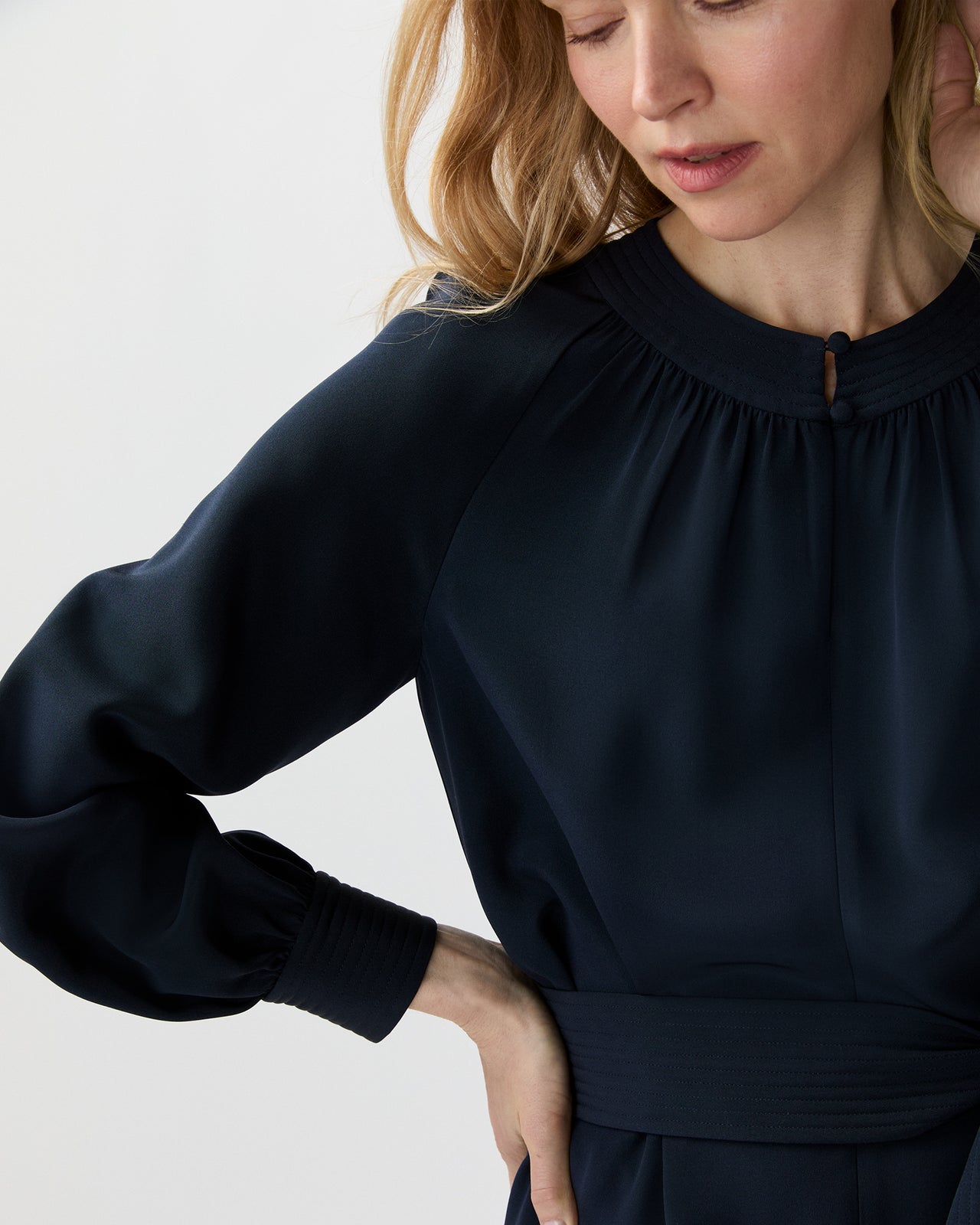 Trapunto Neck Dress in Navy Silk Crepe De Chine